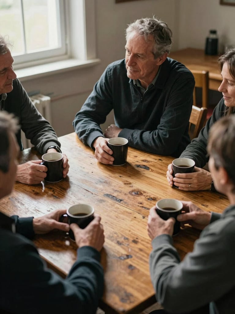 Close overhead shot of a small group of adults seated around a worn wooden table in a community room, hands visible holding mugs and resting on the table surface, warm afternoon window light from the left, someone mid-sentence leaning slightly forward, candid and unposed, no eye contact with camera