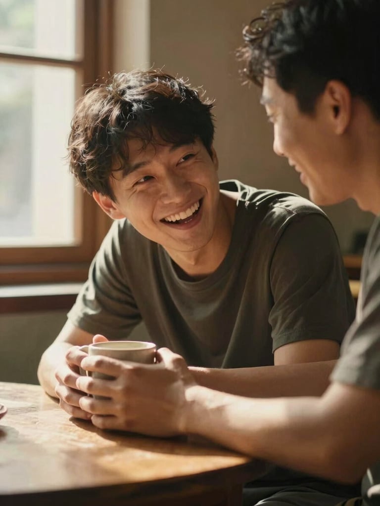 Close-up, candid frame of two people mid-conversation at a worn wooden table, one leaning forward with hands wrapped around a ceramic mug, the other mid-laugh with eyes crinkled — natural window light raking from the left, warm golden tones, shallow depth of field, nothing posed