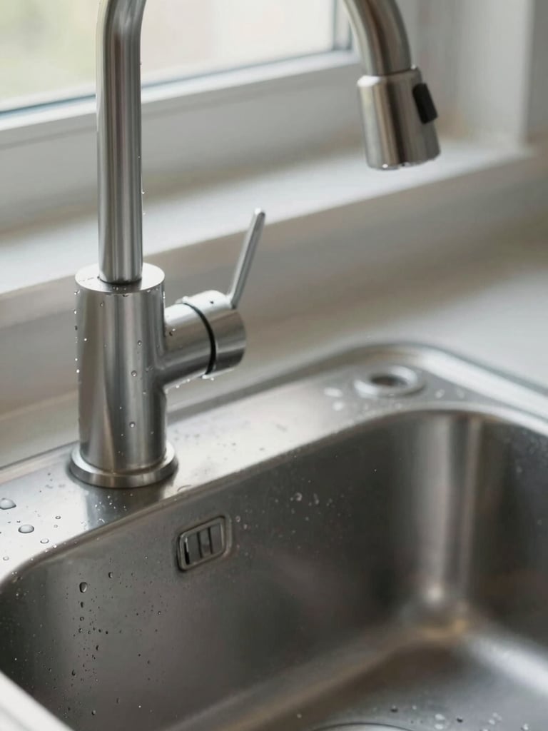 Close-up wide frame of a stainless steel kitchen faucet and sink basin, recently polished to a mirror finish, water droplets absent, gleaming under soft diffuse north-facing window light — tight crop at left edge bleeds to canvas, surface detail sharp and undeniable