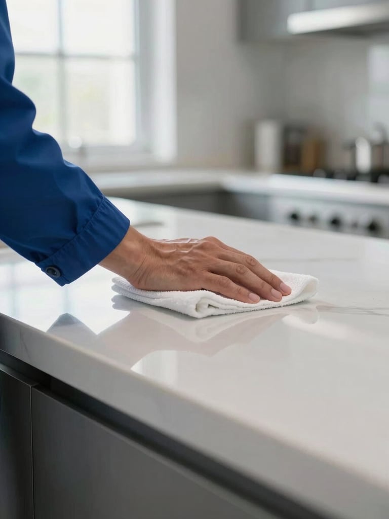 Close-up wide shot, hands in a branded blue uniform cuff pressing a white microfiber cloth firmly across a gleaming kitchen countertop, bright natural north-facing window light flooding from the left, surface reflections visible, crisp depth of field with the clean counter edge sharp and the background kitchen softly blurred