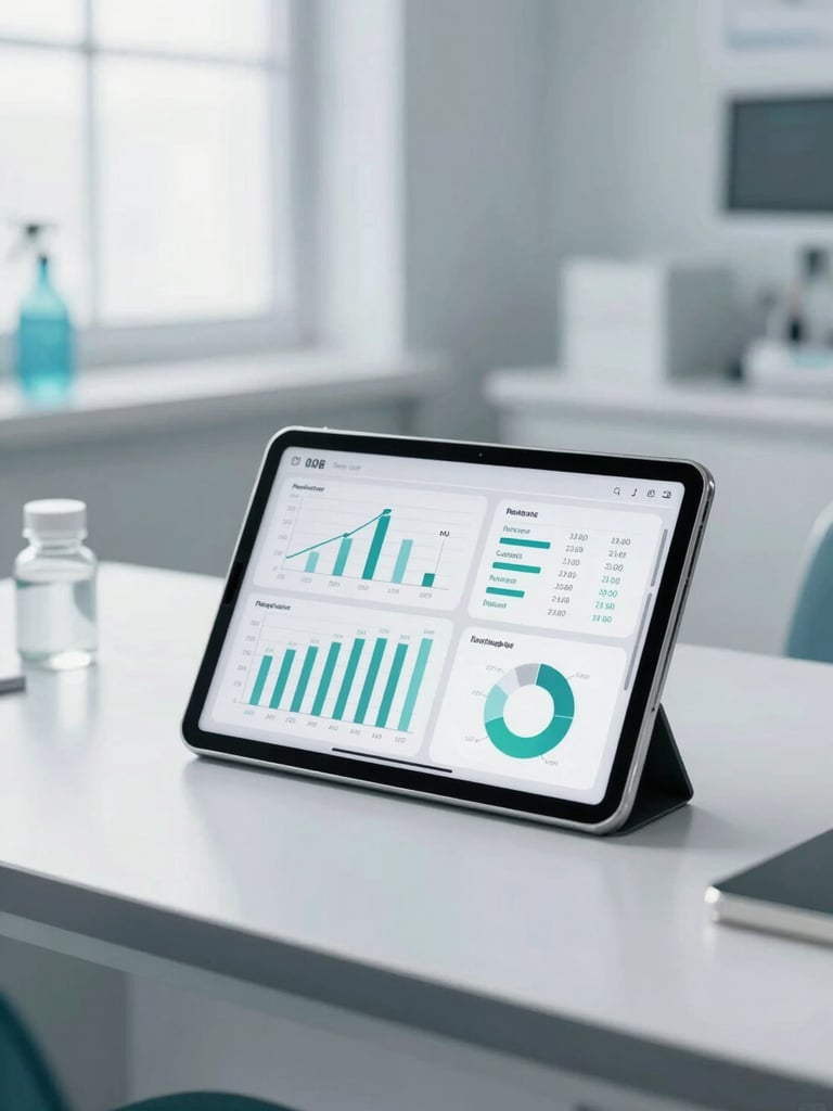 Clean modern clinical workspace with secure tablet showing revenue charts under bright daylight, cool slate tones.