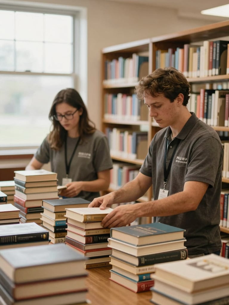 A warm, natural light photograph of a volunteer and an Indiana educator sorting stacks of physical books inside a community library, shallow depth of field, 35mm