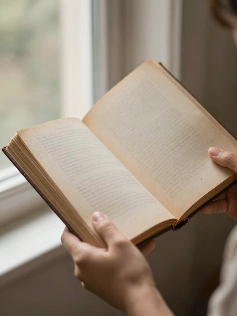 A medium close-up of hands holding an open vintage book, soft natural window light illuminating the textured paper, warm tones, shallow depth of field.