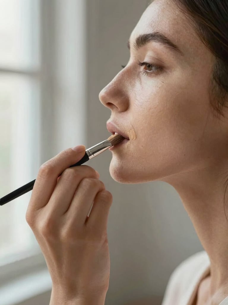 Close framing from the side, soft window light, a makeup artist's hands blending foundation along a client's jawline on medium-deep skin, clean neutral studio background, brushes visible at the edge of frame, sharp detail on the application stroke