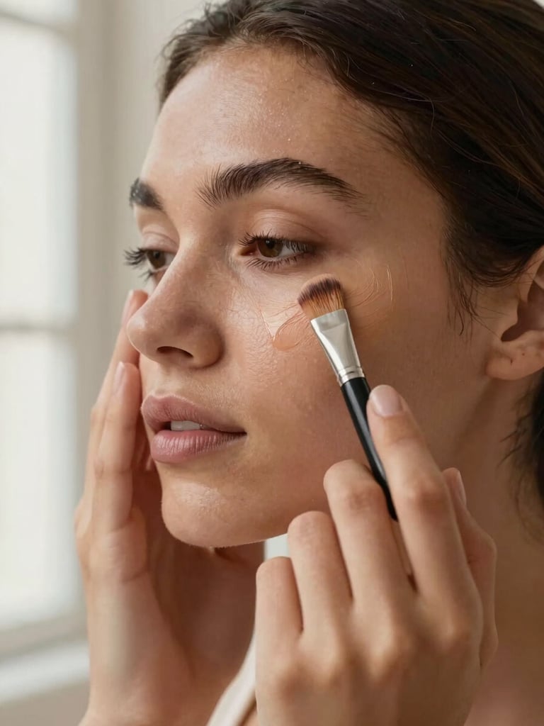 Close portrait view of hands applying concealer under the eye on deep warm skin, a small flat brush in precise motion, soft natural window light from upper left, clean neutral background, product and skin texture both clearly visible
