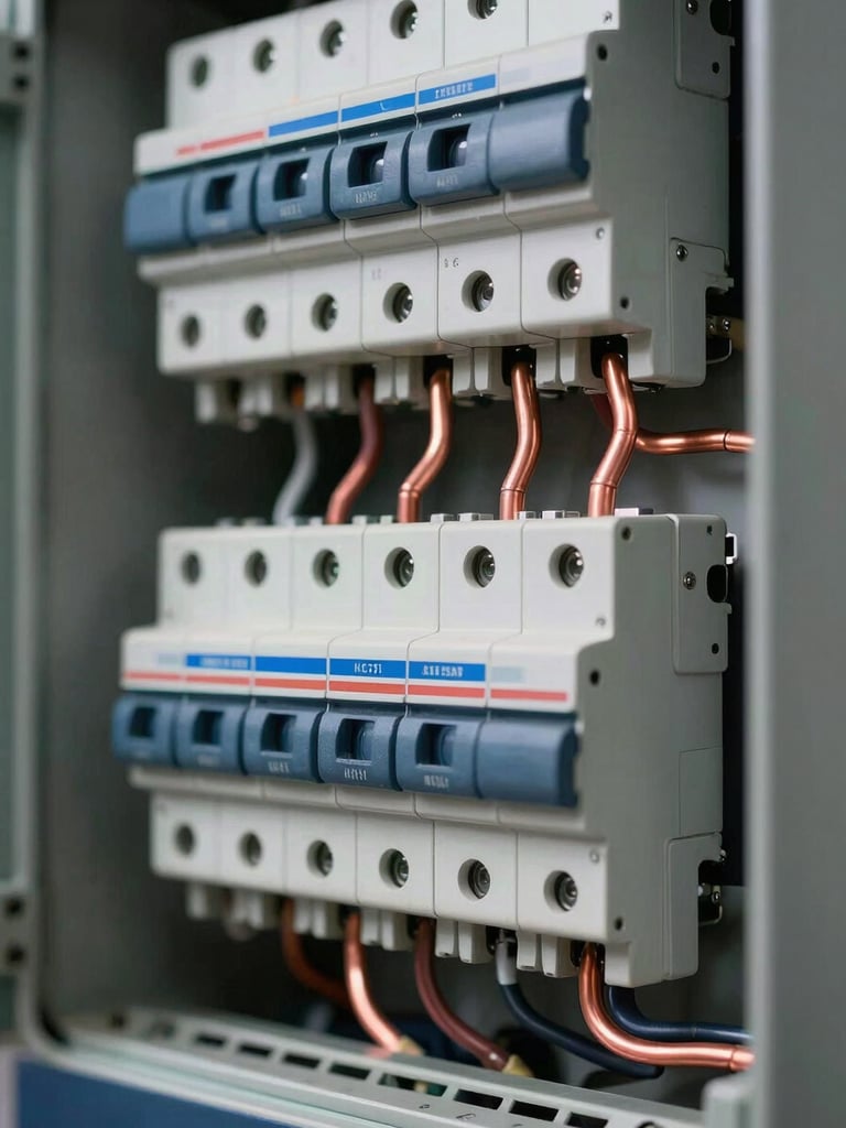 Macro close-up of a newly wired electrical breaker panel, perfectly routed copper conduits, crisp high-contrast work-site lighting, industrial precision.