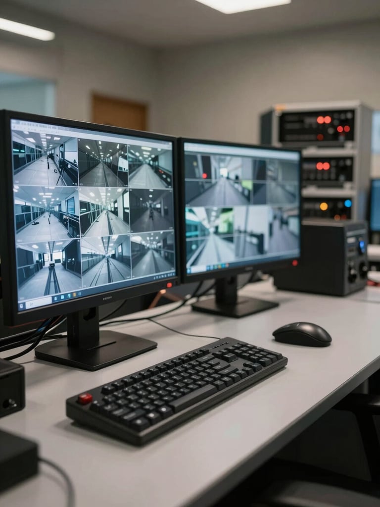 Wide environmental shot of a control room workstation showing dual monitors with live surveillance feeds displayed, task lighting from above illuminating keyboard and desk surface, equipment rack partially visible in background to the right