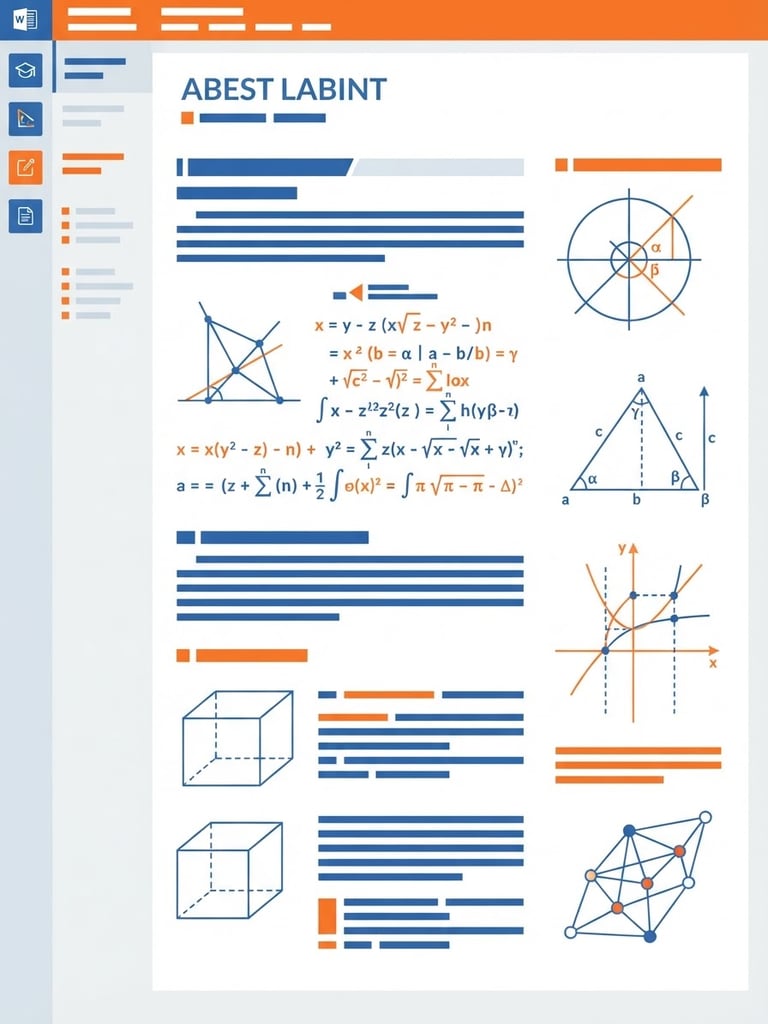 A clean vector illustration of a structured MS Word document layout with mathematical equations and geometric diagrams, in corporate blue and safety orange.