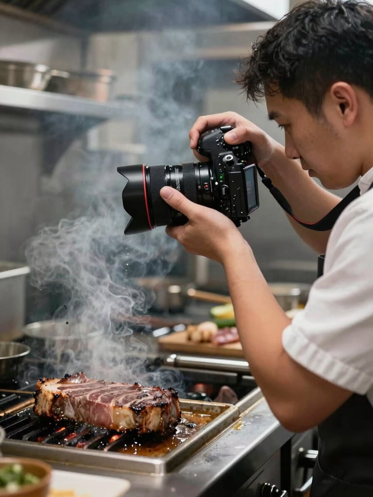 Behind-the-scenes shot of a Pomodoro photographer holding a professional camera, capturing a chef searing meat in an active, smoky kitchen.