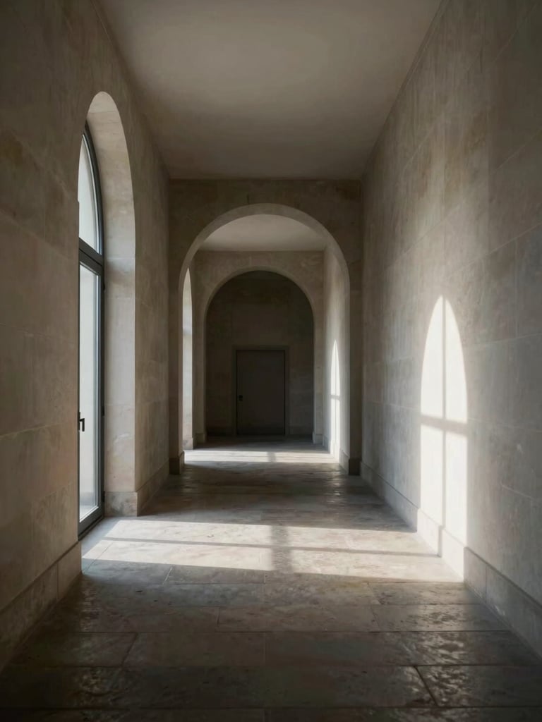 Wide corridor of a Luxembourg institutional building interior, stone floor receding into deep shadow at the far end, a single tall arched door ajar to the left, cool north-facing daylight raking across the wall, no people, extreme architectural stillness
