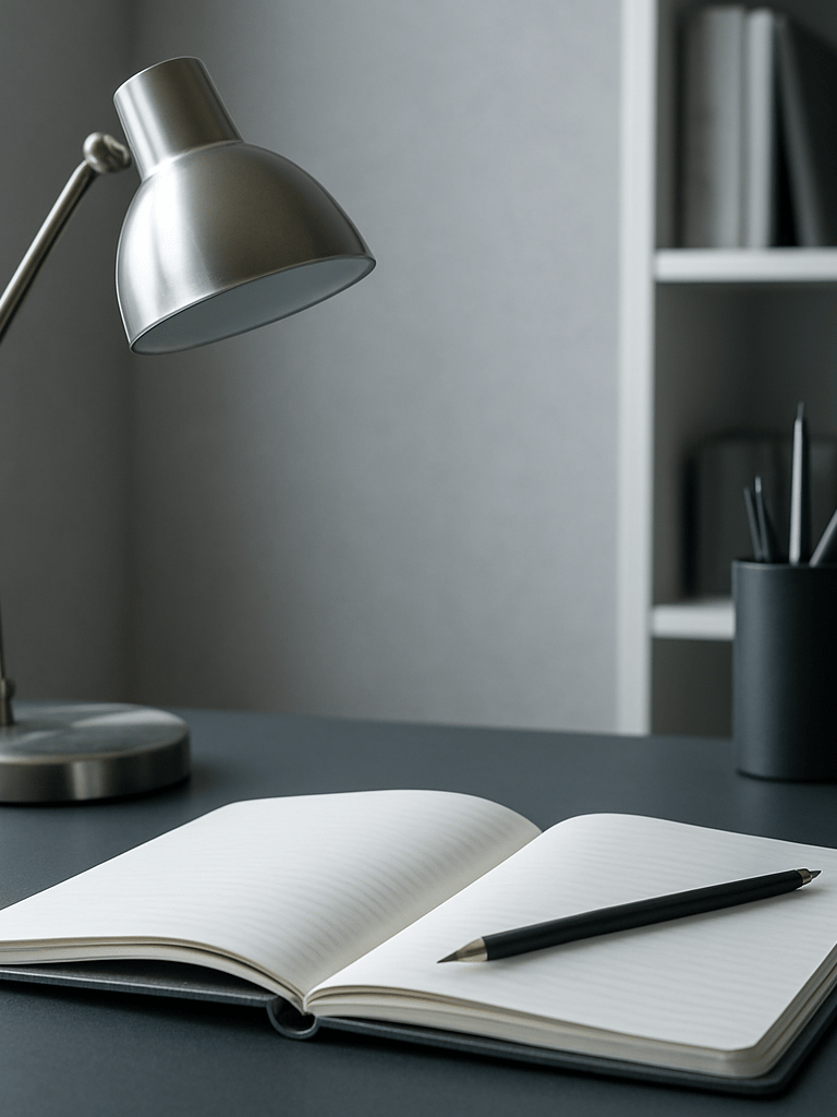 A sharp, close-up architectural photograph of a modern, organized home office desk with a metallic lamp and structured notebook in cool natural daylight.