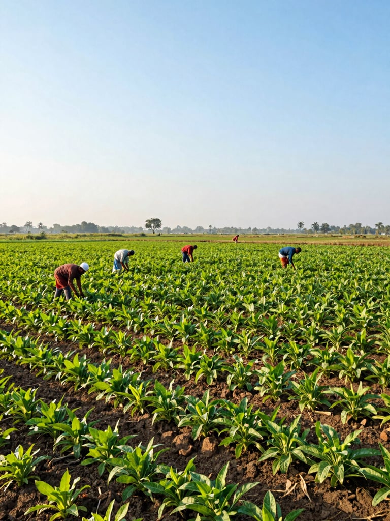Wide shot of a vibrant Indian agricultural field at dawn, farmers working, rich soil, lush crops, bright natural daylight, 35mm