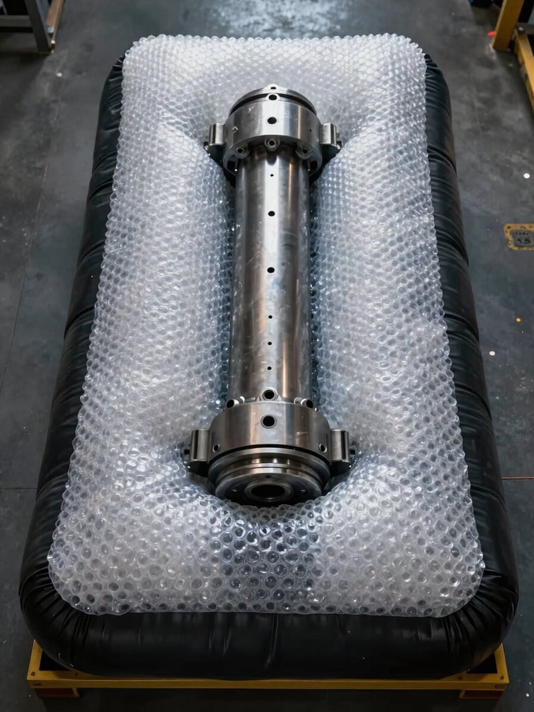 Overhead direct shot of a heavy-duty inflatable bubble sheet loaded with a dense metal machine part pressing down, high-contrast strobe lighting from above, bubble cells visibly compressed under load but intact, industrial warehouse surface below