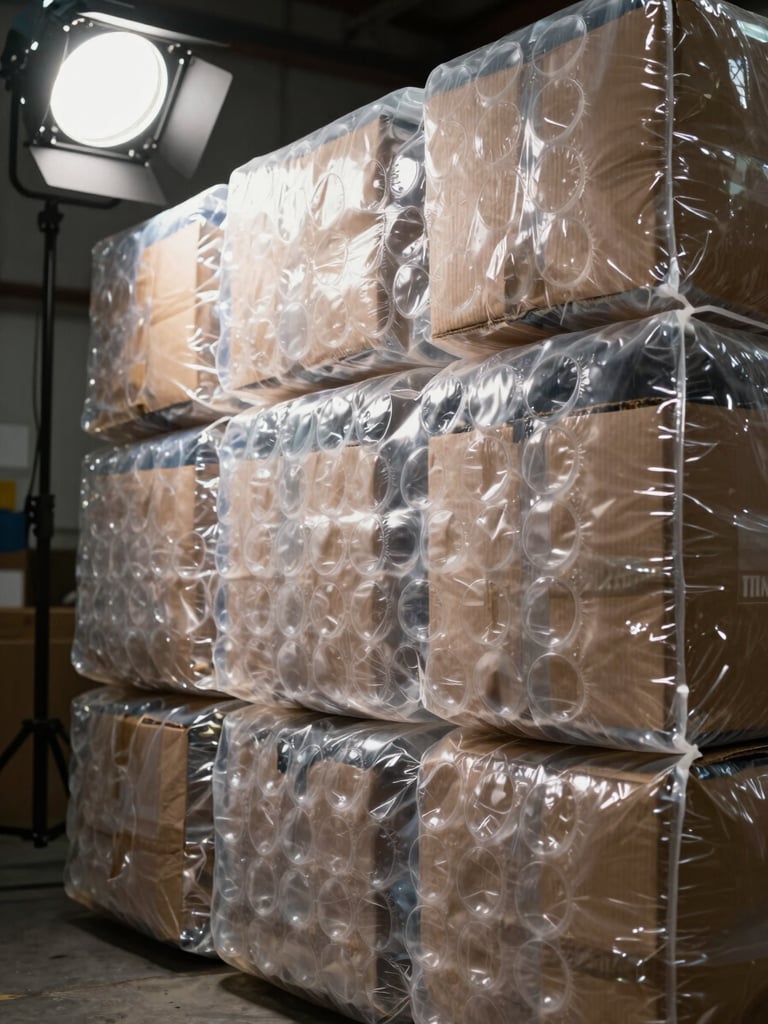 Extreme close-up framing, studio strobe lighting from above-left, inflatable bubble packaging material surface under heavy stacked load — multiple cardboard boxes pressing down on the bubbles, individual air chambers clearly visible in sharp detail, high contrast shadows revealing the structural depth of each bubble cell, industrial warehouse floor visible at the far edge