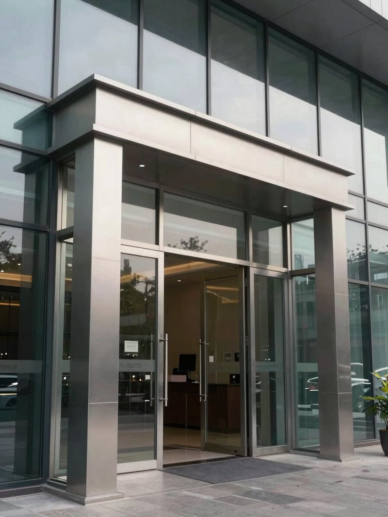Close-up architectural detail of a glass-and-steel commercial building entrance in Gurgaon, lobby threshold visible through floor-to-ceiling glazing, soft overcast daylight, no occupants, clean material finish