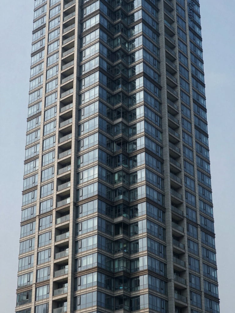 Straight-on architectural elevation of a glass-clad high-rise residential tower on Dwarka Expressway, overcast natural daylight, no human presence, clean facade detail