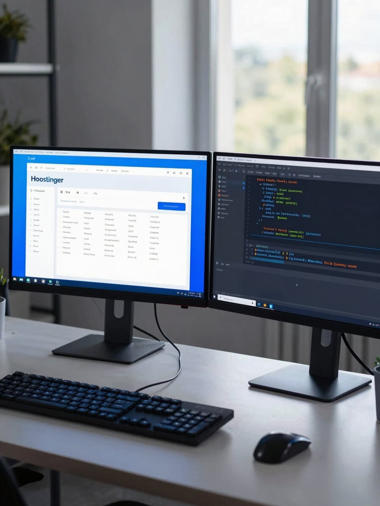 Clean, modern developer workspace in Weimar, dual monitors showing Hostinger dashboard and code editor, soft blue screen glow, cool daylight.