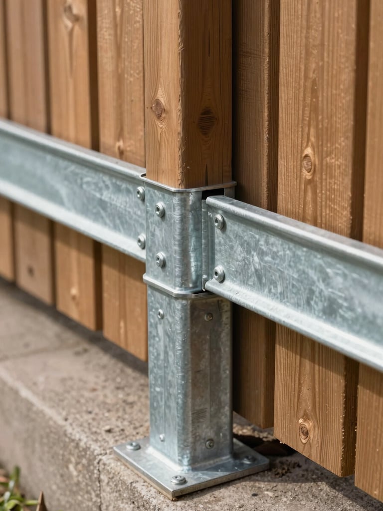 Close-up of a galvanized post base and fence rail joint on a wood privacy fence, shot in clear daylight — bolt hardware visible, wood grain tight against the metal bracket, concrete footing visible at the base, clean and matter-of-fact framing
