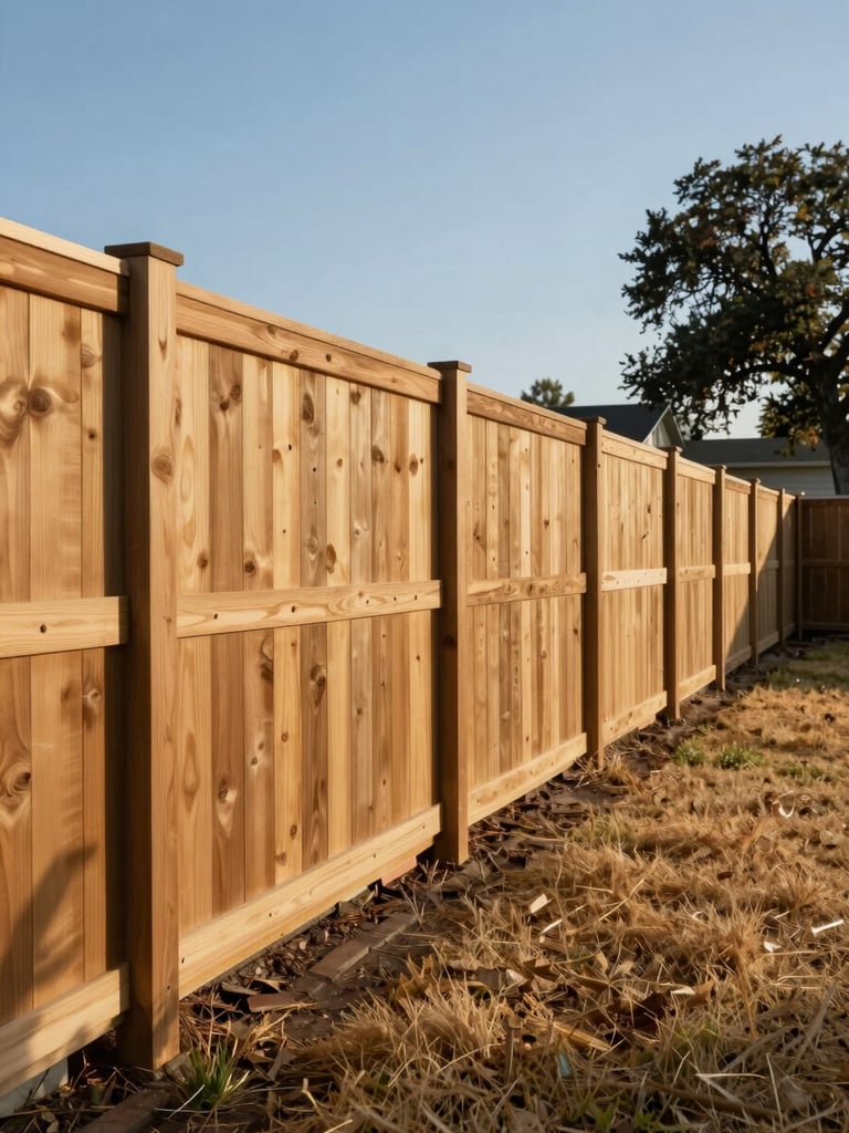 Wide environmental shot of a completed cedar wood privacy fence running the full length of a residential backyard in the East Bay, photographed in clear California afternoon daylight. The fence line is straight and true, posts evenly spaced, boards flush and level. Dry grass and a mature oak at the far right edge provide geographic context. Framed from ground level with the fence filling the horizontal plane, no people, no staging.