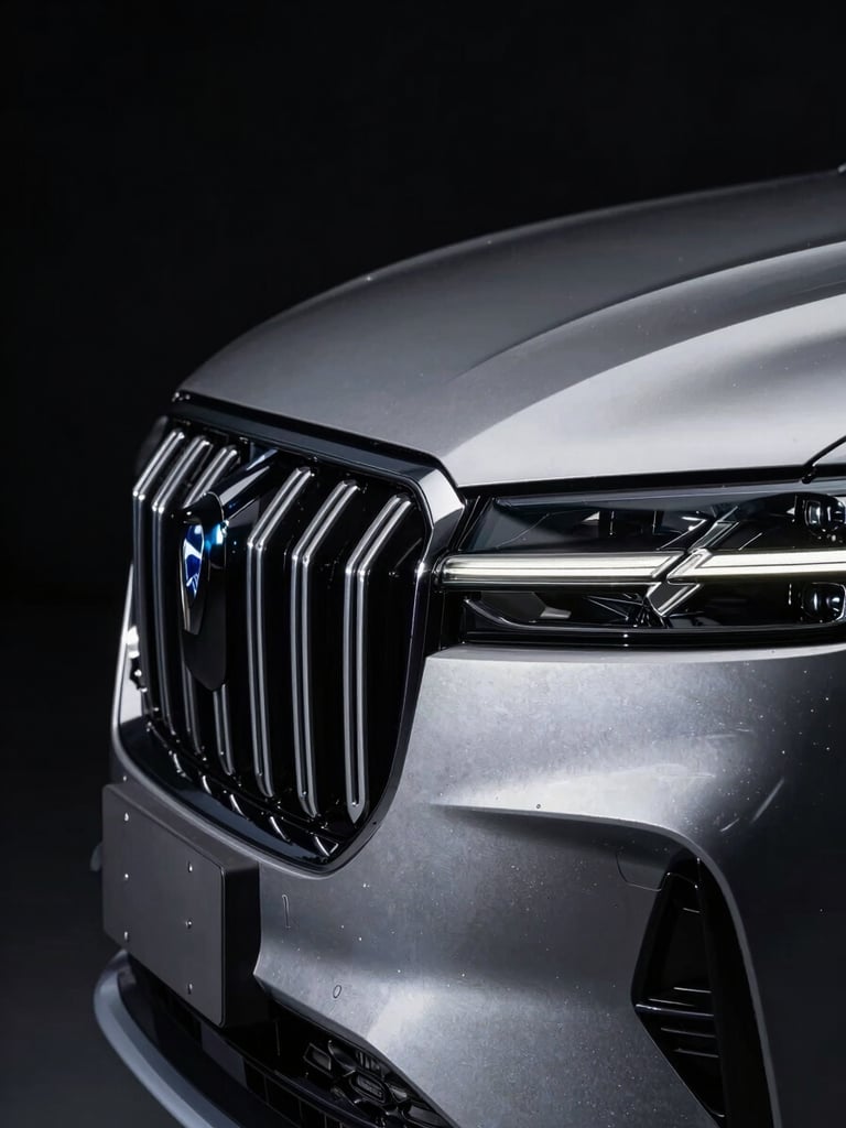 Extreme close-up of a high-gloss modern luxury SUV front grille, sharp metallic reflections, low-key dramatic studio lighting on black background.
