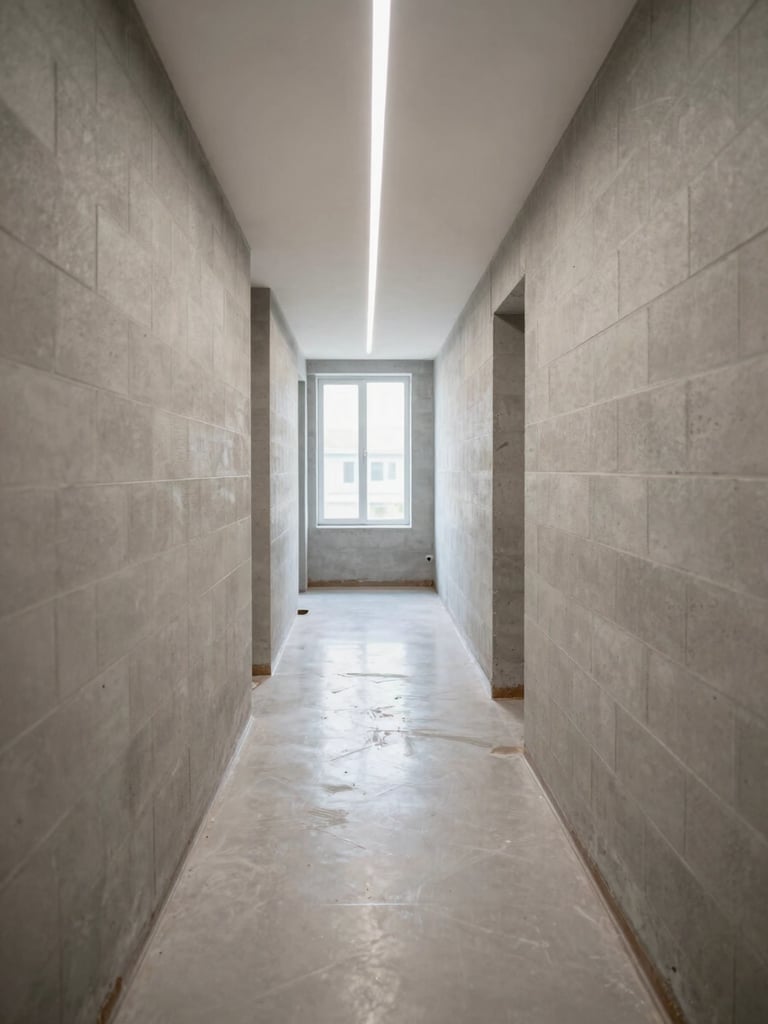 Close-up wide shot of a freshly renovated building corridor interior — painted concrete block walls, new LED strip lighting overhead, clean epoxy floor mid-installation, natural light entering from a window at the far end, no people, documentary framing