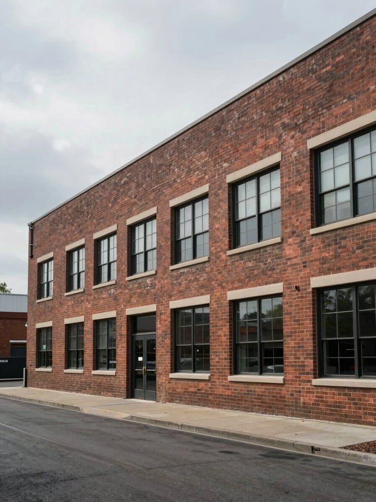 Wide environmental shot of a mid-rise commercial building exterior, overcast natural daylight, brick facade with industrial windows visible in right two-thirds of frame, empty foreground street, documentary framing with no staging