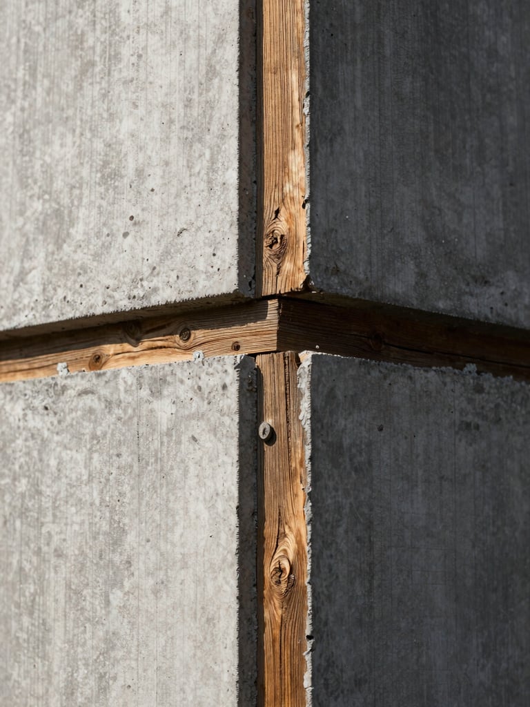 Tactile architectural detail of raw concrete meeting weathered timber joints, high-contrast side lighting, structural integrity focus.