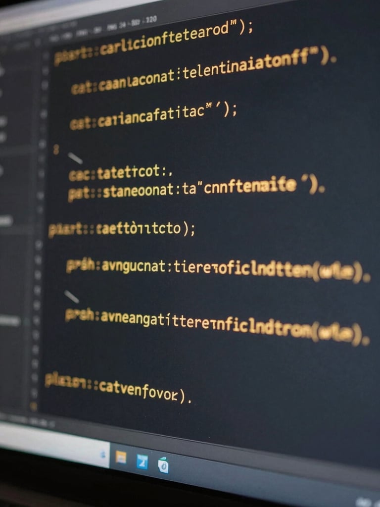 Macro close-up of a code terminal screen displaying clean, glowing gold syntax lines, reflecting off a dark glassmorphic panel in a minimalist workspace.