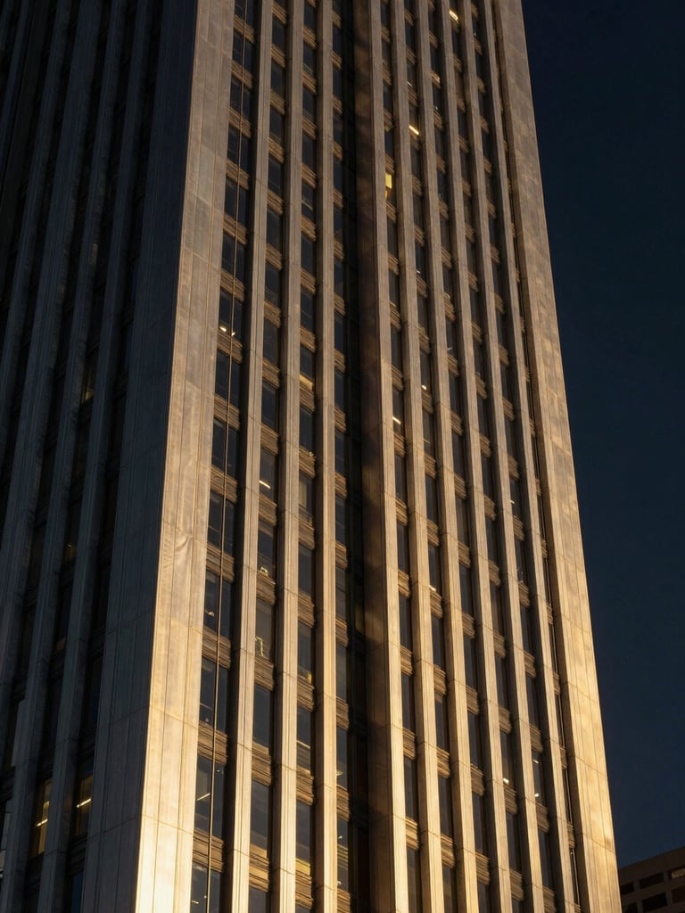 High-contrast architectural lines of a Sandton skyscraper, sharp metallic edges reflecting dramatic gold rim-light against a midnight sky.