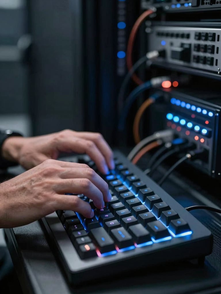 Close-up of a technician's hands typing on a mechanical keyboard in a dimly lit server room, side-lit by cool blue ambient light from rack LEDs, cables and blinking status lights sharp in the foreground, depth of field fading into dark background