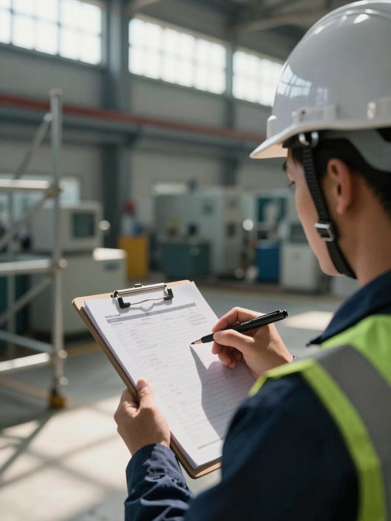 Close-up over-the-shoulder view of a safety technician in a hard hat reviewing a checklist on a clipboard inside an industrial facility, dramatic side-lighting from high windows casting strong shadows on metal scaffolding, depth of field with equipment blurred in background