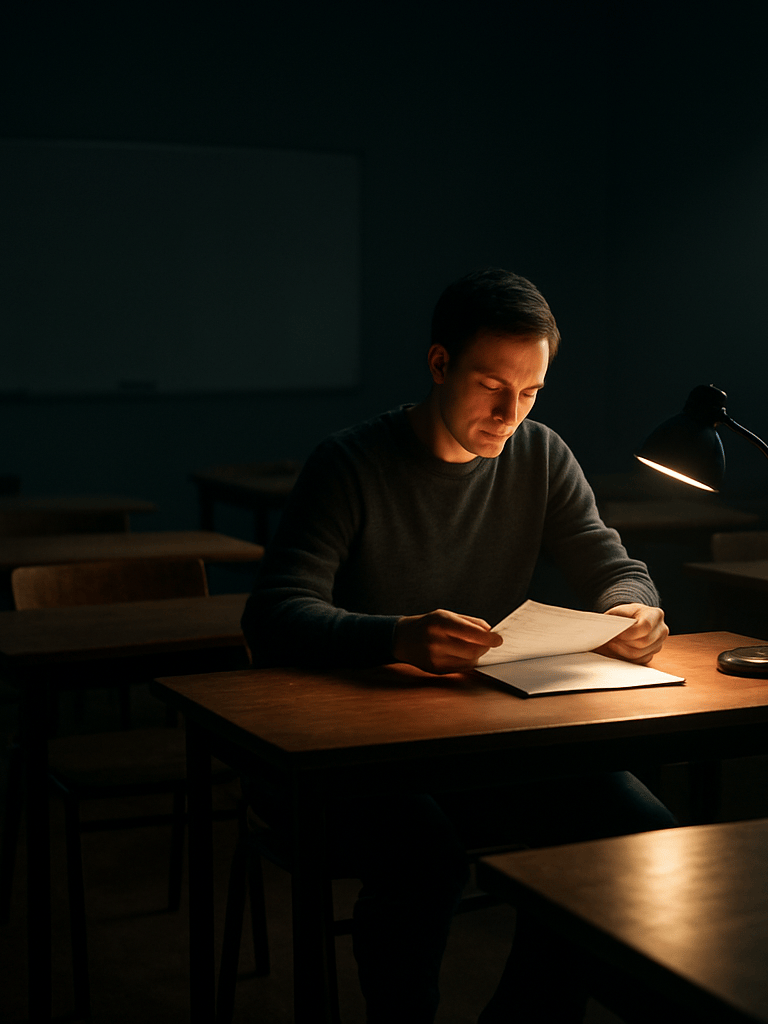 Wide environmental shot of an adult education classroom at night, dramatic sidelighting from a studio strobe casting long shadows across wooden desks, a single adult student in their 30s reviewing printed course materials under focused lamp light, depth of field blurring a whiteboard in the background, professional and composed atmosphere