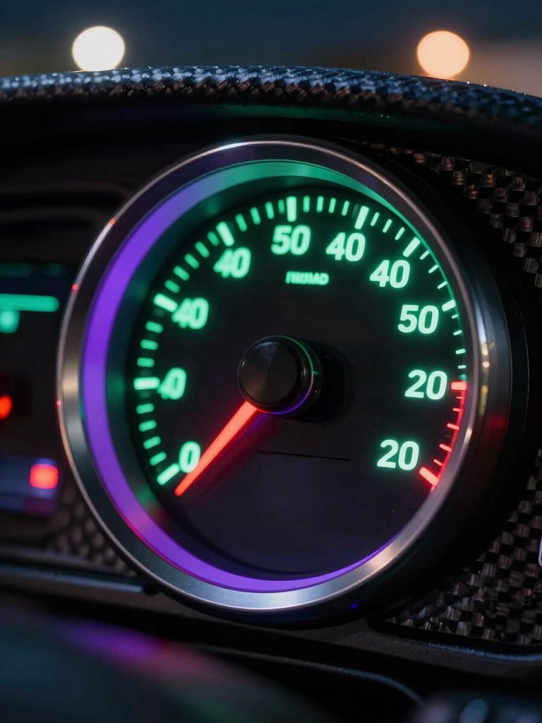 High-contrast close-up of a glowing digital tachometer in a dark tuner car cockpit, purple and green neon reflections on carbon fiber, nocturnal streetlights blurred in the background.