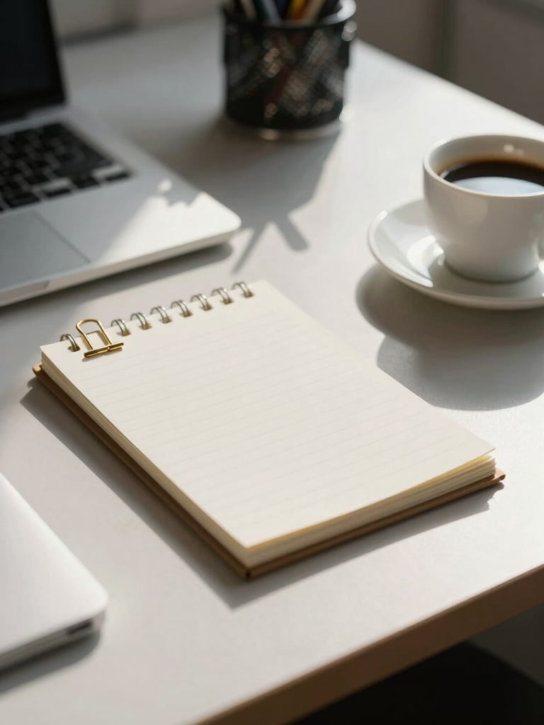 A quiet, sunlit Windsor office desk with a clean notepad, gold paperclip, and a cup of coffee, soft natural light.