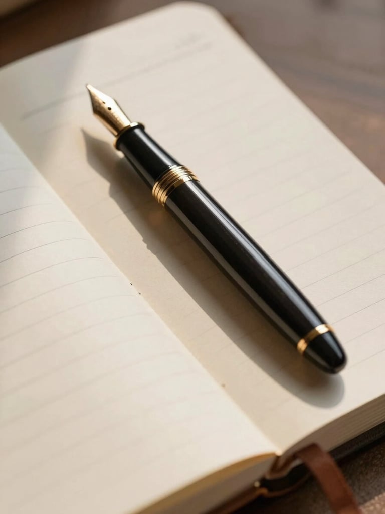 A close-up photograph of an elegant fountain pen resting on an open physical ledger, soft warm morning light casting long shadows across textured cream paper, professional and quiet atmosphere.