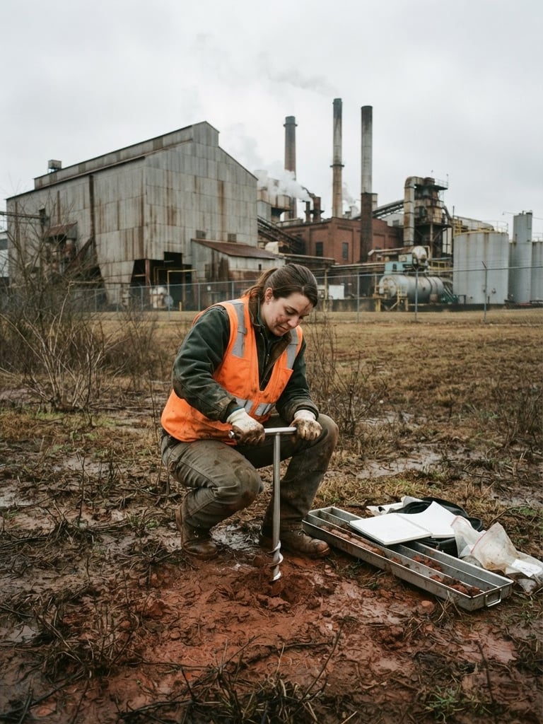 documentary environmental photography of a scientist in a high-vis vest taking a soil core sample in a clay-rich field bordering an industrial mill, overcast Georgia morning daylight, earthy desaturated tones, wide-angle lens, realistic grit, 35mm