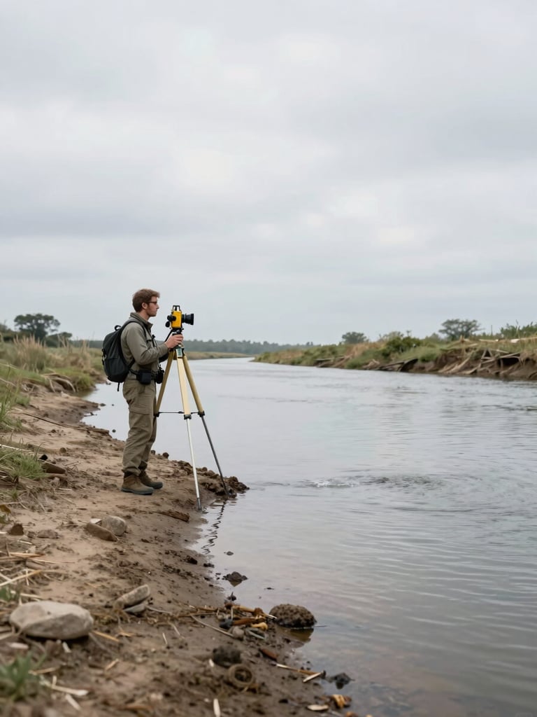 Wide environmental shot of a field surveyor standing at the bank of a shallow southwestern waterway, holding survey equipment, overcast natural daylight, cool gray sky, earth-toned streambed visible in foreground, water surface reflecting diffuse light — subject placed left third, open water and far bank filling the right