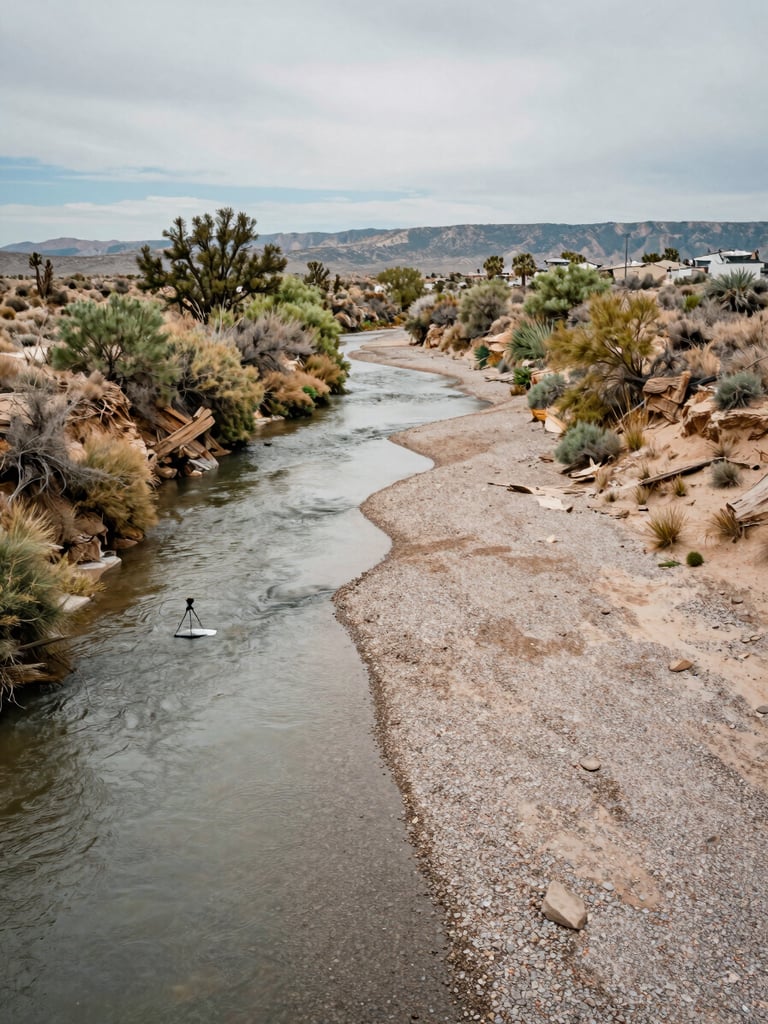 Wide environmental shot of a natural river corridor in the American Southwest, looking downstream along a meandering gravel-bed channel, overcast daylight, tan earth and sparse riparian vegetation on both banks, survey equipment rod visible at water's edge in the left foreground, no people, cool neutral tones