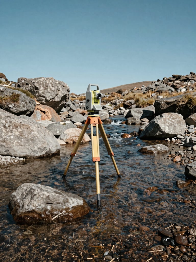 Wide environmental shot from the left bank of a shallow mountain stream, a surveyor's total station and range pole planted in the water at center-left, clear daylight overhead, gray boulders and earth tones framing the water, generous sky in the upper third
