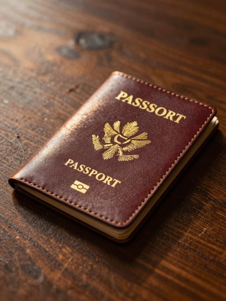 A close-up of a vintage leather passport holder on a dark wooden table, soft golden light catching the gold-embossed details.