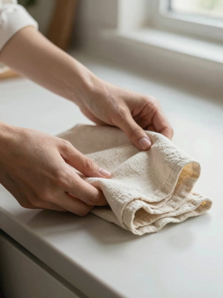 Close frame — hands folding a cream linen cloth on a kitchen counter, natural north-facing light, a familiar domestic detail in soft focus behind, warm and unhurried