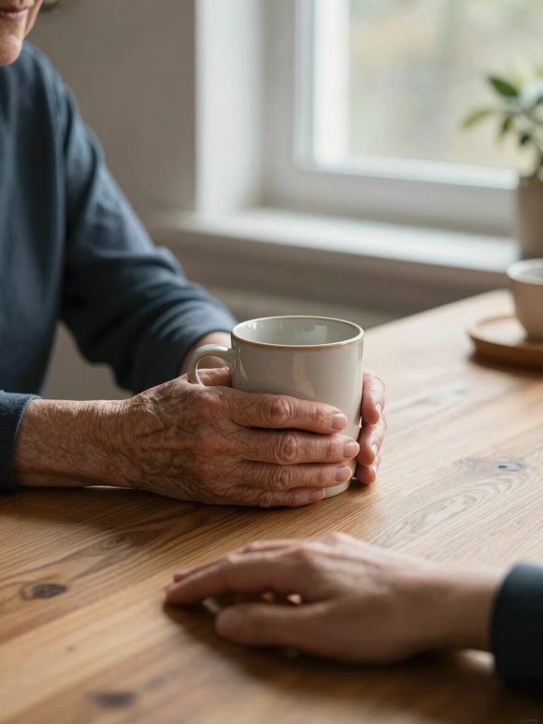 Close intimate frame — an older woman's hands wrapped around a ceramic mug on a kitchen table, a second pair of younger hands resting nearby on the wood surface, soft north-facing window light, warm shadow detail