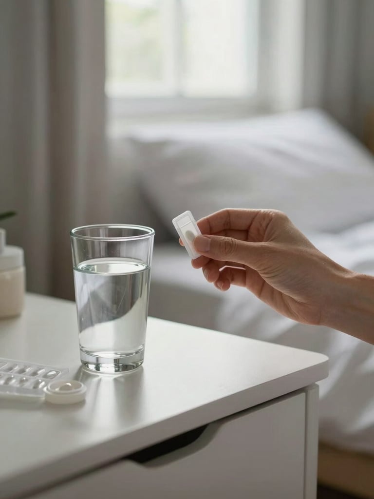 Close intimate frame: a caregiver's hand placing a small pill organiser beside a glass of water on a bedside table, soft north-facing window light, a familiar bedroom in the background, no medical equipment visible