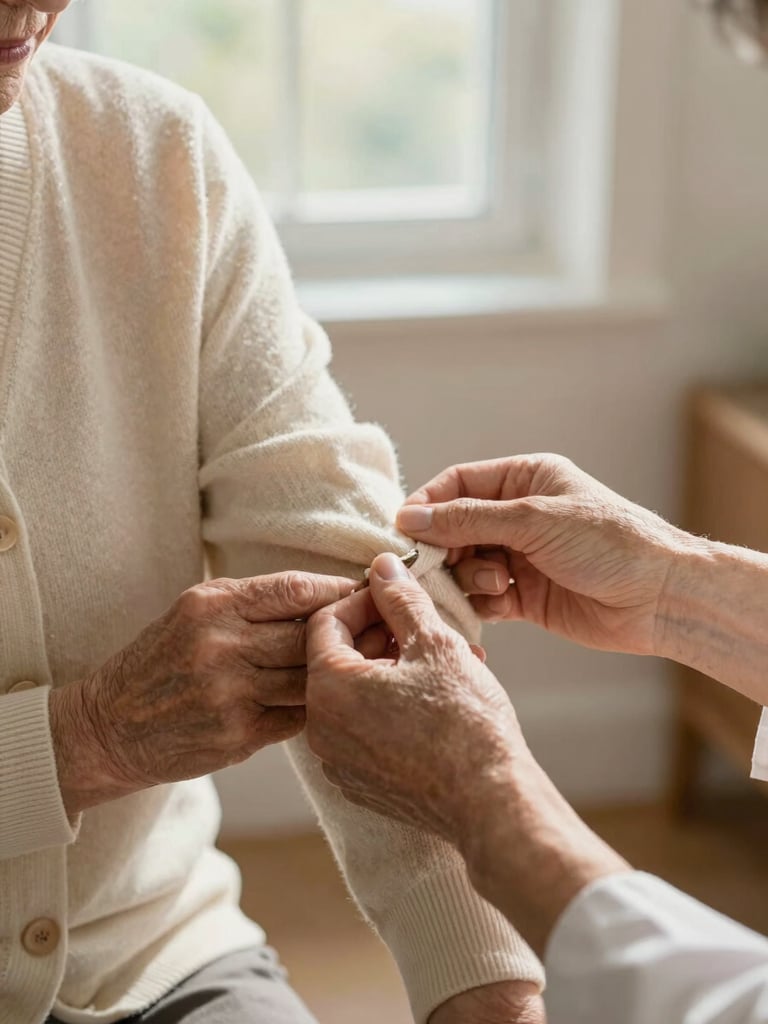 Close and intimate frame: a caregiver's hands gently helping an older woman button the cuff of a soft cardigan, natural morning light from a nearby window, warm cream tones, unhurried moment