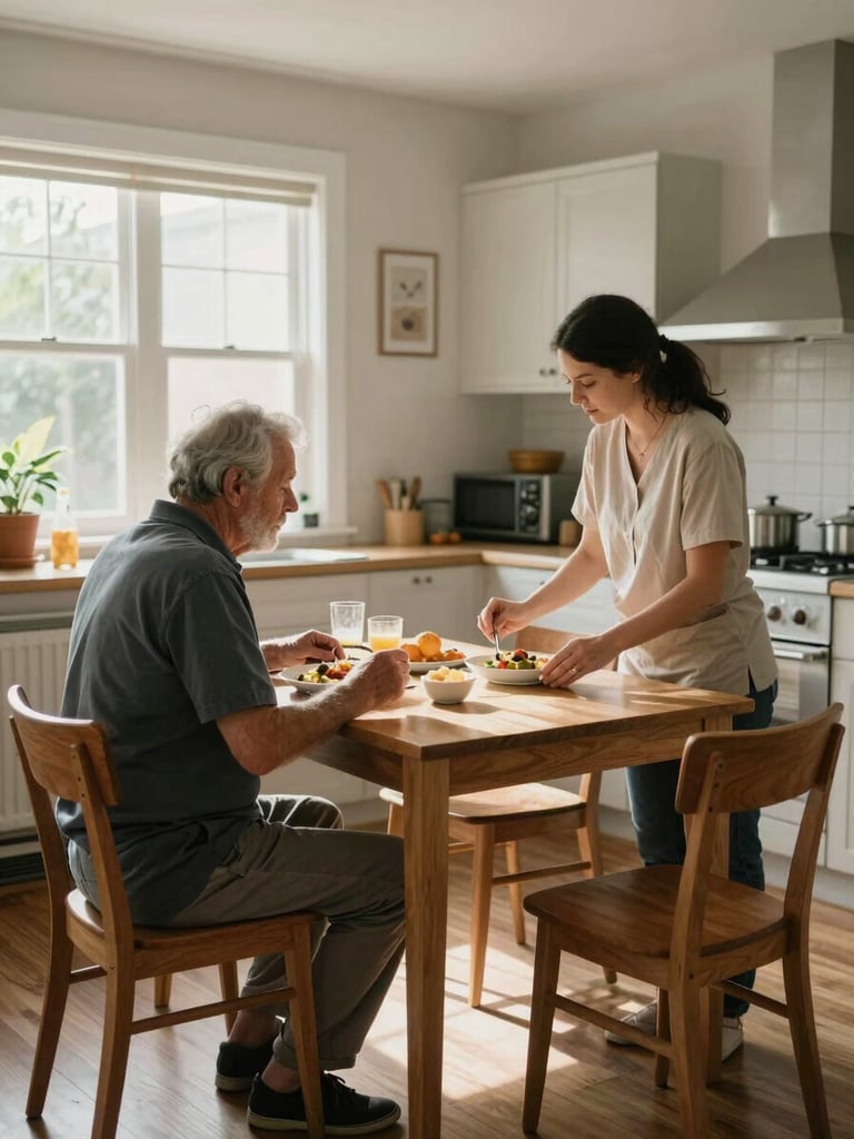 Wide environmental frame: an older man and a caregiver seated at a small kitchen table sharing a meal, afternoon window light falling across the table, familiar home kitchen in the background, neither person posed for the camera