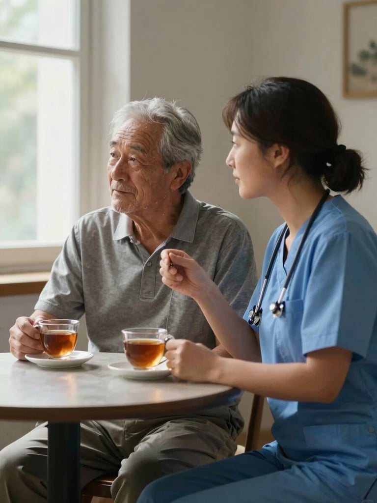 Intimate two-person frame — an older man and a caregiver seated at a small table sharing a cup of tea, both looking at something off-frame together, natural window light from the left, unhurried and genuinely present