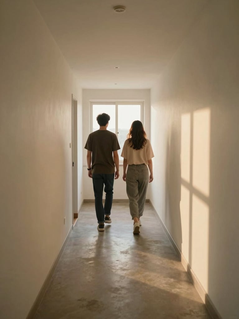 Wide environmental frame — a sunlit bedroom hallway, two figures walking slowly side by side toward a window at the far end, shot from behind, golden afternoon light on pale walls, quiet and unhurried