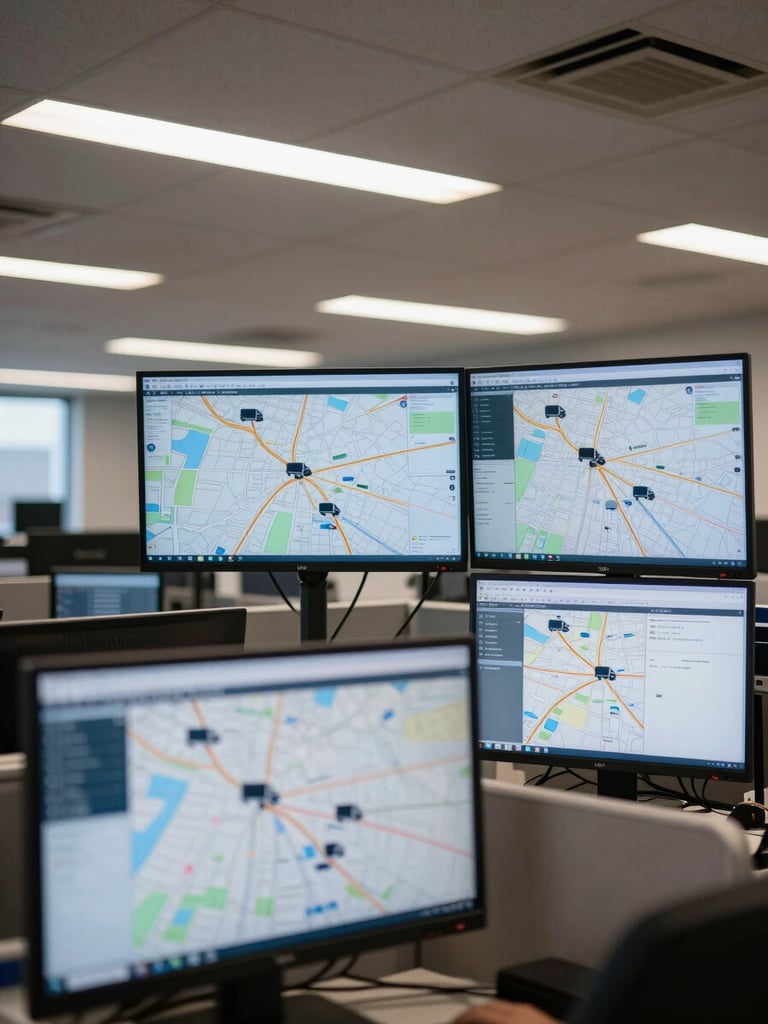 Richmond dispatch office interior, showing multiple large monitors displaying live maps with truck icons and route data, crisp industrial lighting.