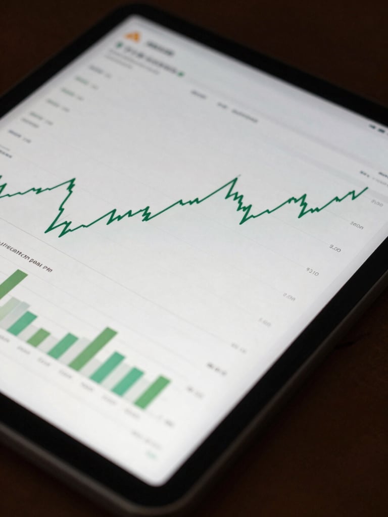 Macro close-up of a tablet screen displaying a clean financial dashboard with green trend lines and architectural asset allocation charts, soft diffused lighting