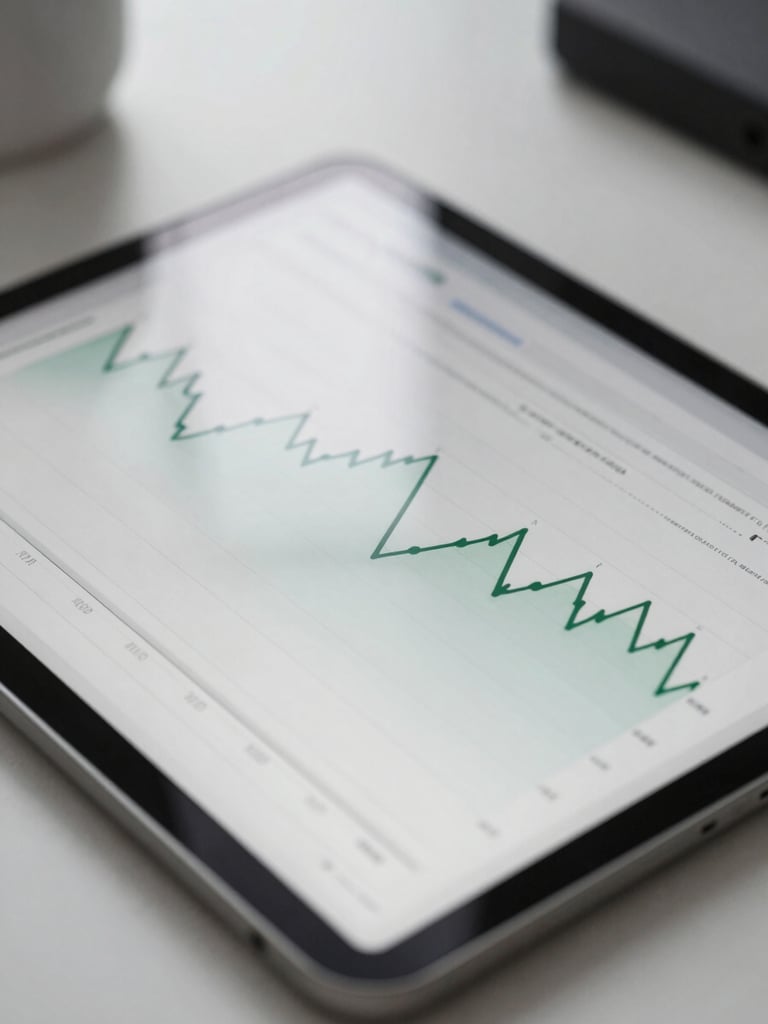 Macro close-up of a tablet displaying a clean financial analytics dashboard with green line charts, soft overcast daylight reflecting off the screen, minimalist desk setup.